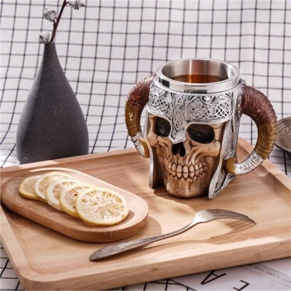 Stainless Steel Double Handle Horn Skull BeerCup,Viking Warrior SkullMug Tankard - Picture 6 of 6